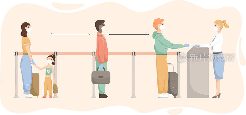 Vector illustration people men women and child waiting for boarding or check-in at the airport in a queue with a distance in a pandemic